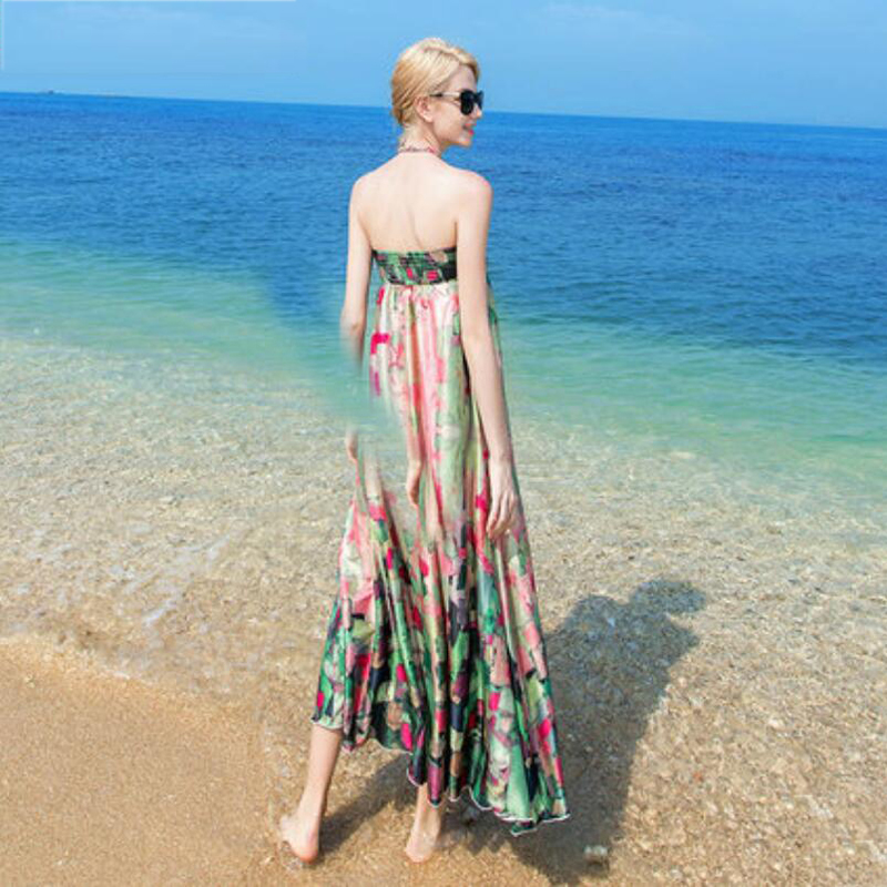 Women 100 Silk dress Beach dress 100% Natural Silk Print dress Strapless Holiday summer dresses